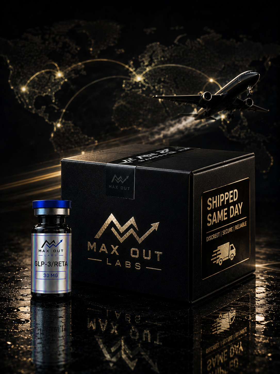 Max Out Labs same-day shipped package with peptide vial