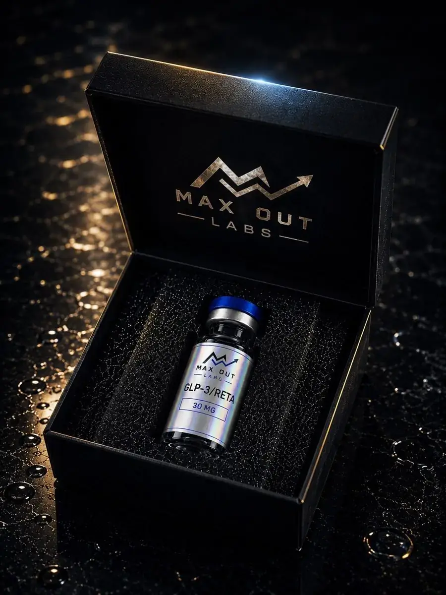 Max Out Labs GLP-RT 30mg vial in signature gift box